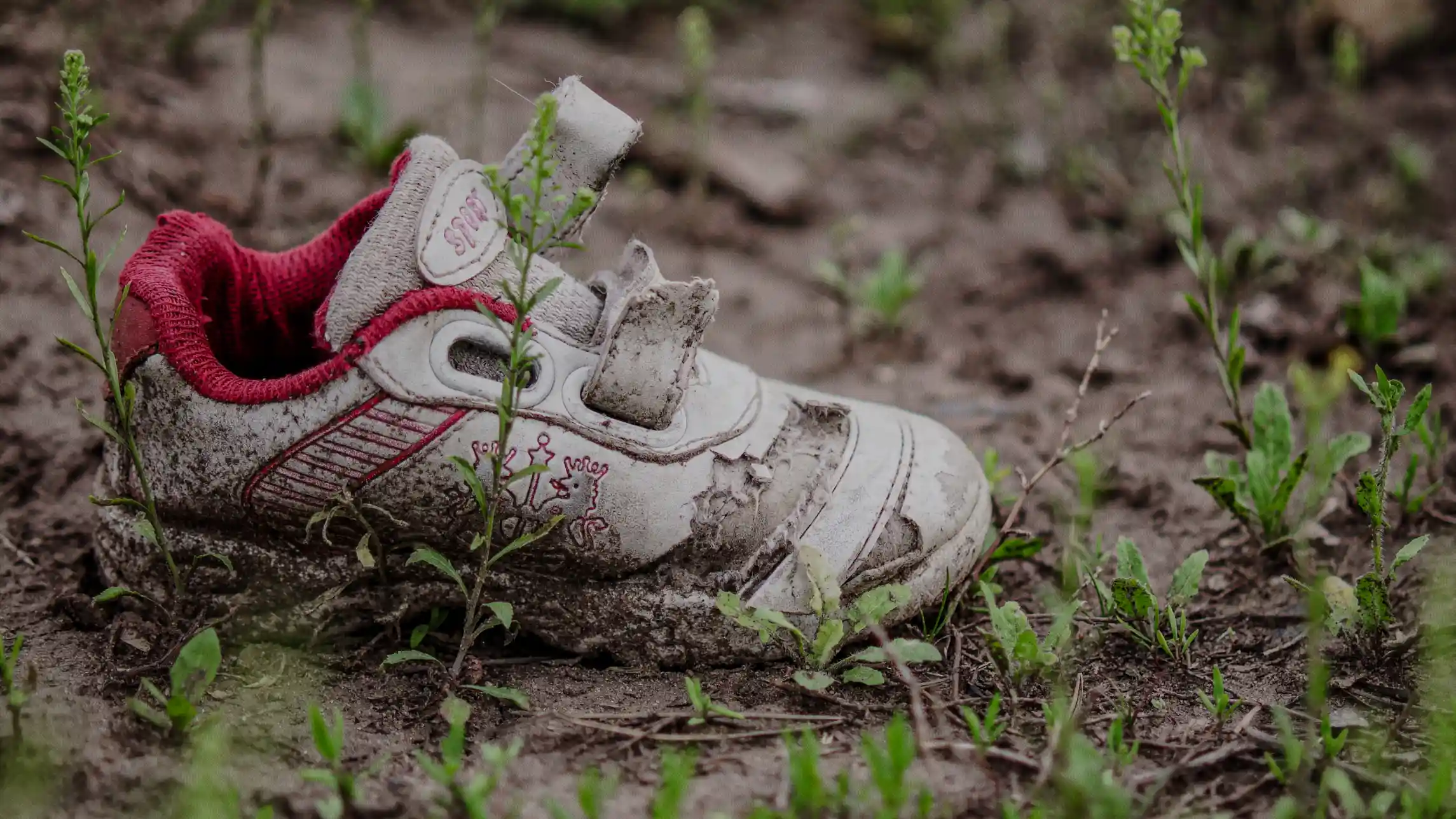 Worn toddler shoe sitting alone in dirt patch