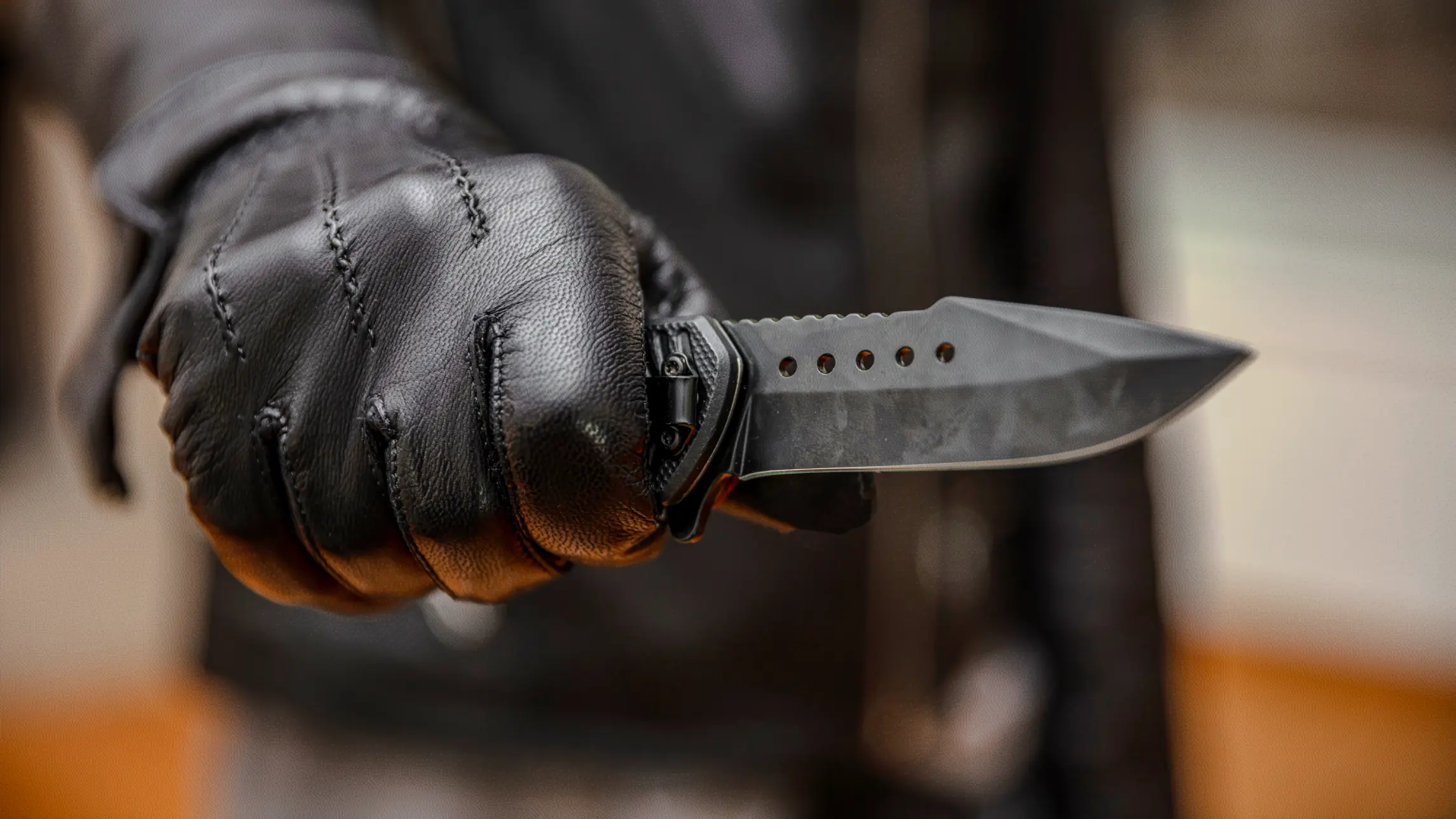 Person in all black outfit and leather gloves holds out sharp knife