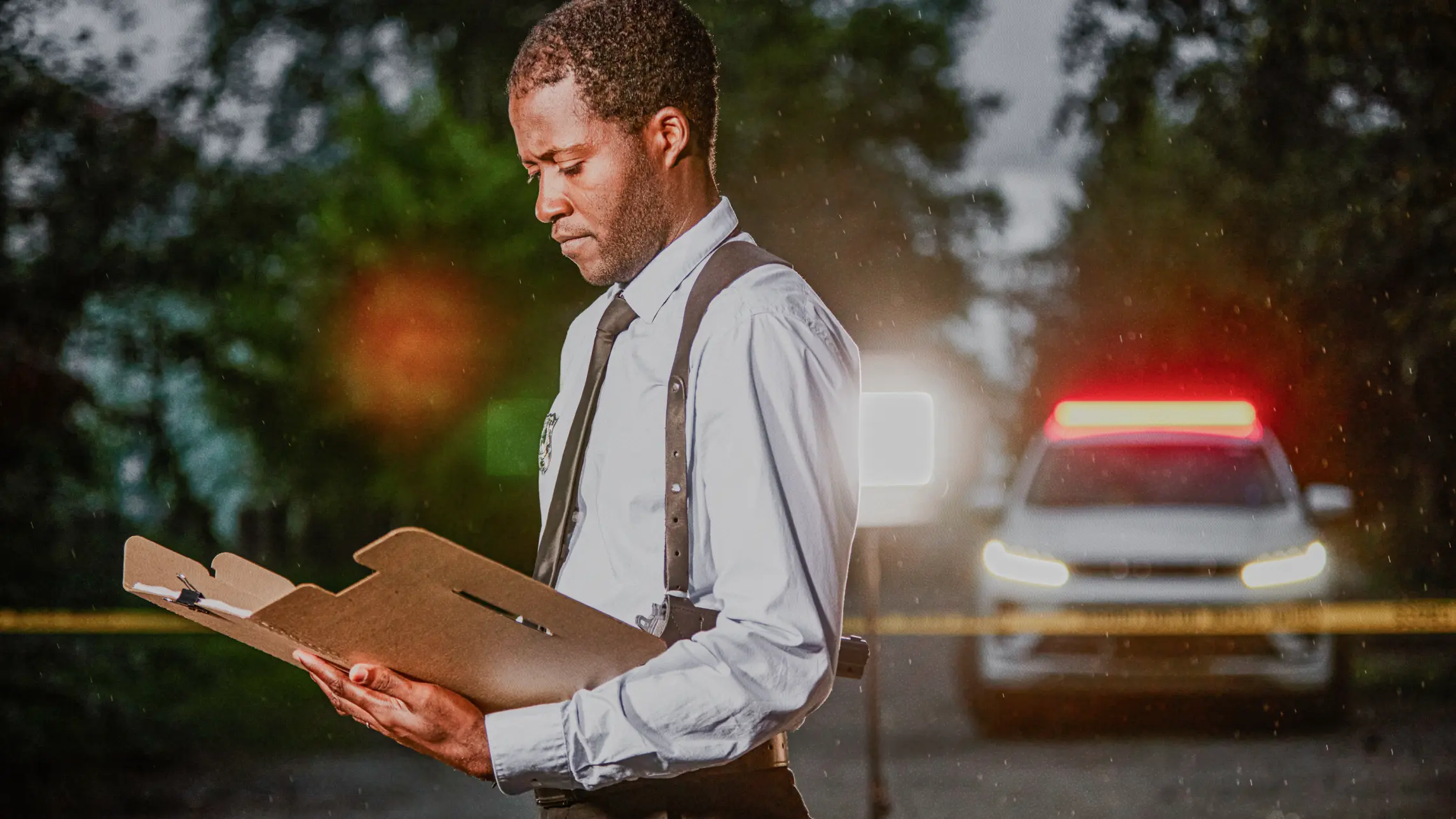 Detective looking over paperwork at crime scene in the rain